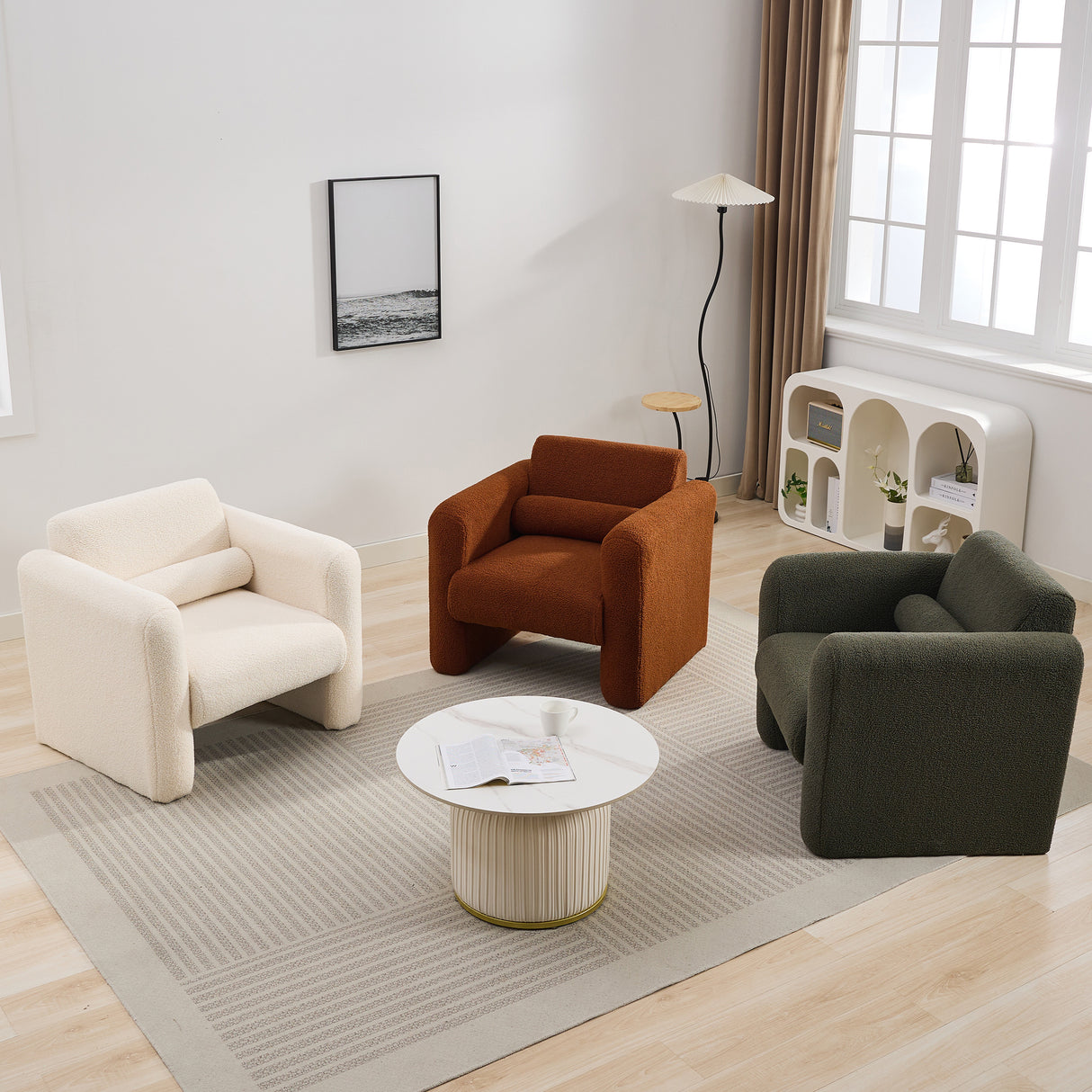 Modern style chair with sheepskin Sherpa fabric soft cushion, comfortable armchair, soft with backrest and pillow, seaweed green - V.I.P Digital Presence