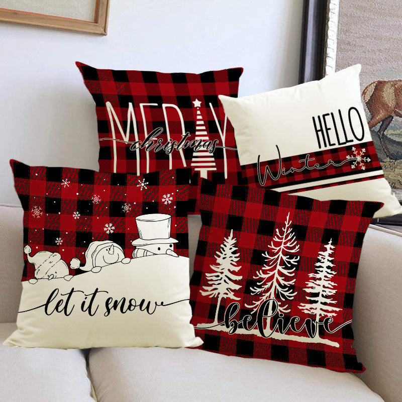 Christmas Pillowcase Linen Red Black Checkered Letter Printed Pillow Cover Holiday Living Room Decoration - V.I.P Digital Presence
