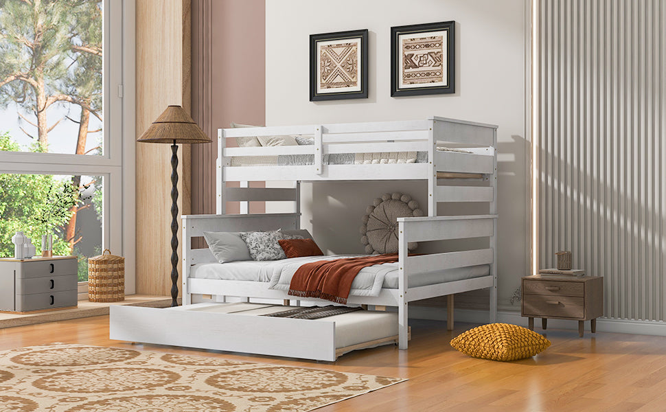 Wood Twin over Full Bunk Bed with Twin Size Trundle White