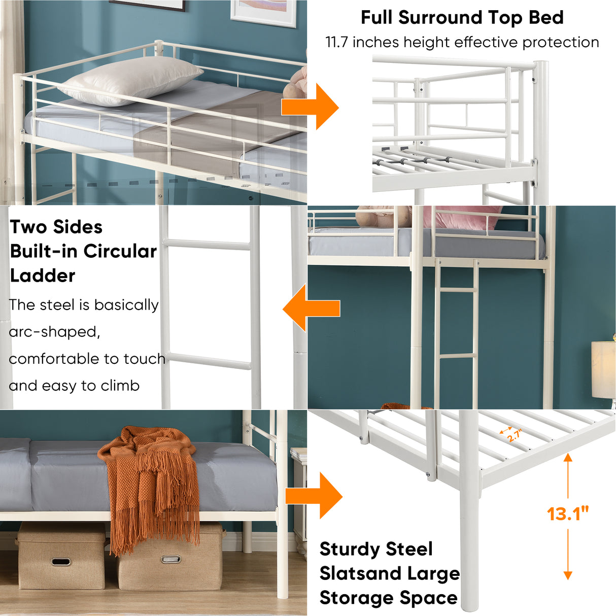 Twin metal bunk beds, metal structure bed frame with safety guardrails and 2 ladders, convertible bunk beds, white - V.I.P Digital Presence