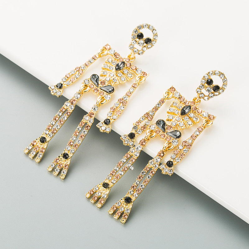 European and American style skull skeleton alloy inlaid rhinestone earrings female personality long exaggerated earrings earrings - V.I.P Digital Presence
