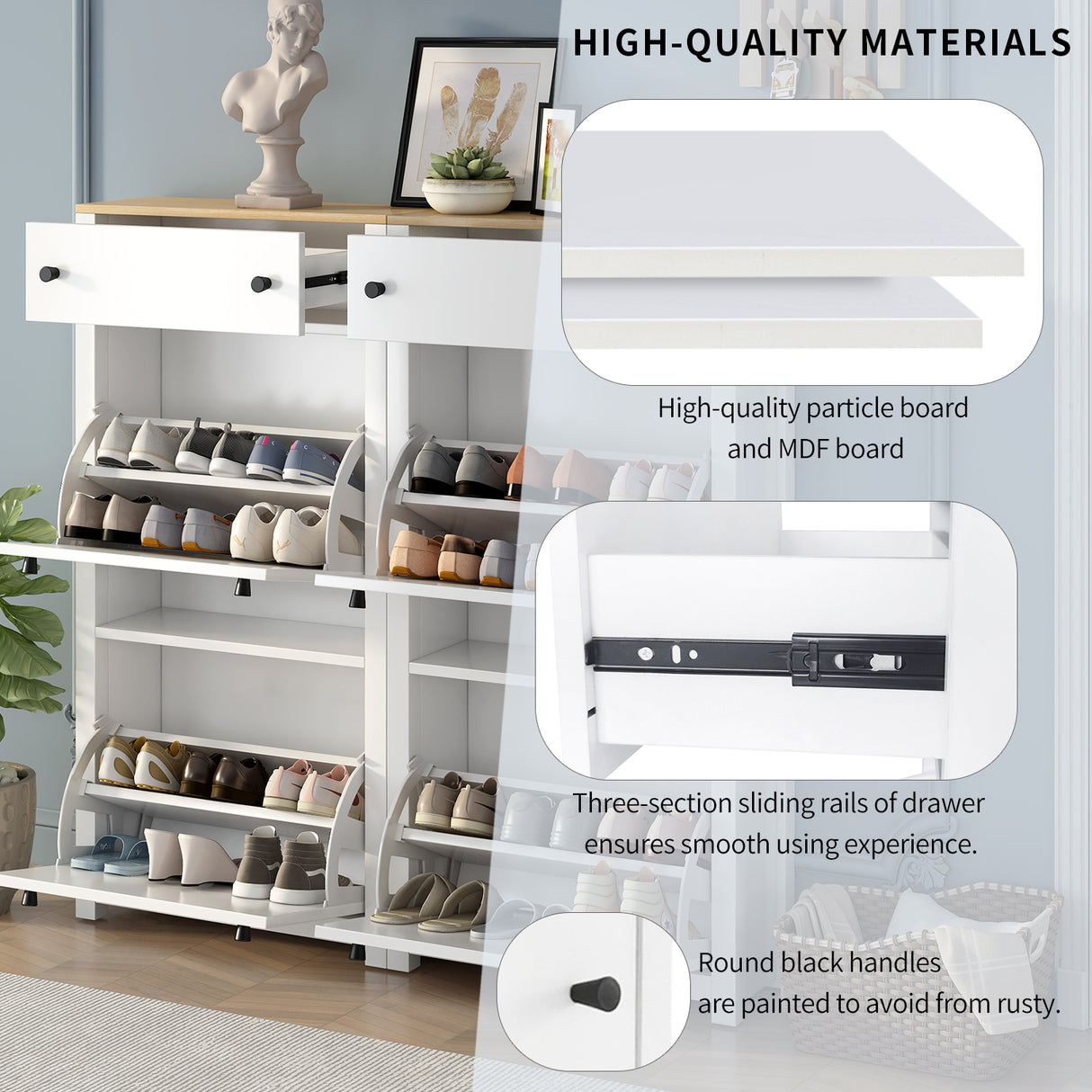 ONTREND ultra-thin shoe cabinet set with 4 flip drawers and adjustable panel top shoe rack, white - V.I.P Digital Presence