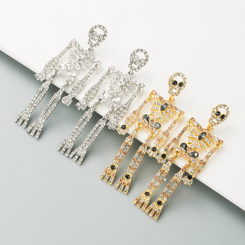European and American style skull skeleton alloy inlaid rhinestone earrings female personality long exaggerated earrings earrings - V.I.P Digital Presence
