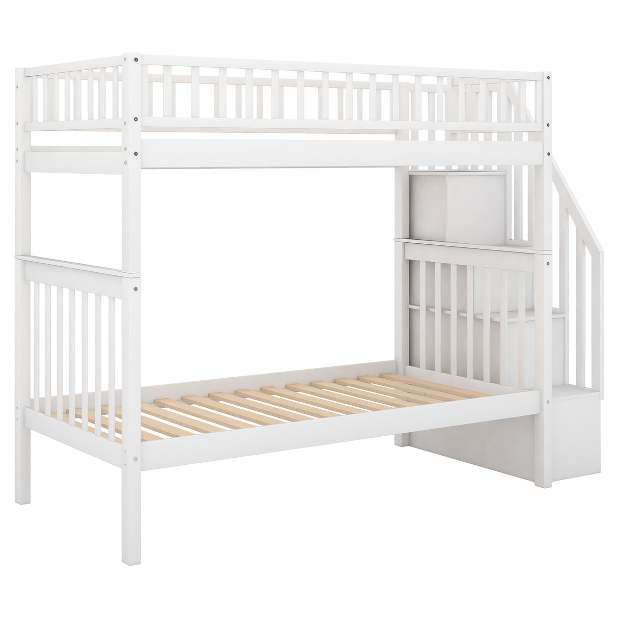 Twin over Twin Bunk Bed with Trundle and Storage White