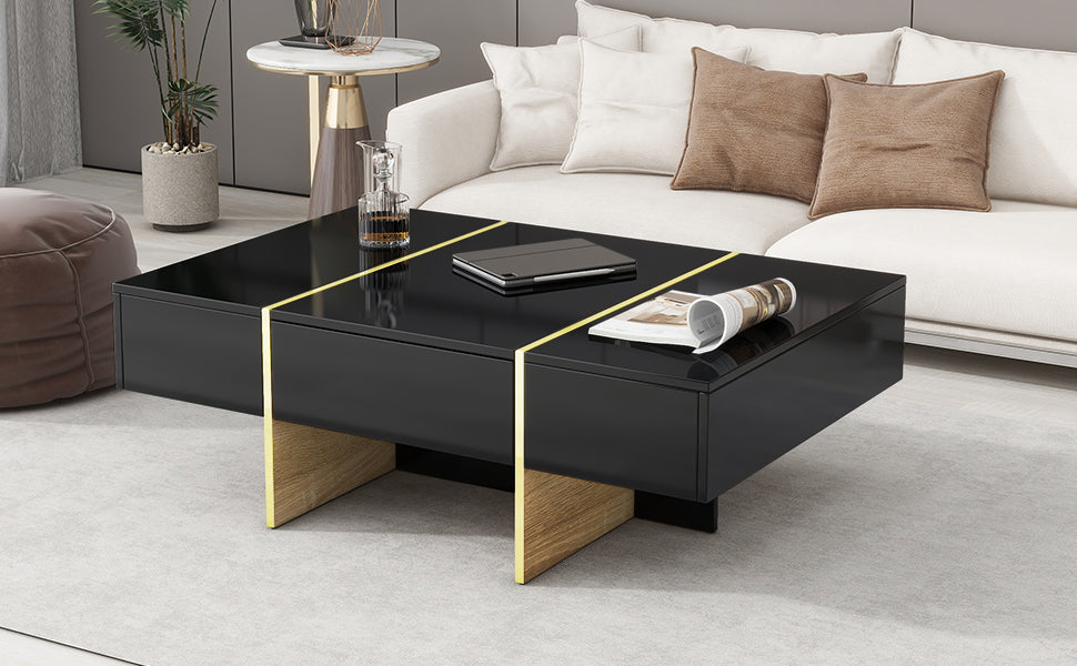ON-TRANS 47.2 inch x 31.4 inch multifunctional rectangular sofa table with 2 drawers and gold wood grain leg center table, black - V.I.P Digital Presence
