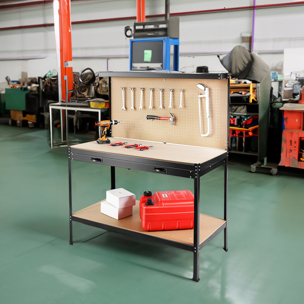 63" Tools Cabinet Working Tables Workbench Tool Storage Workshop Table with Drawers and Pegboard - V.I.P Digital Presence