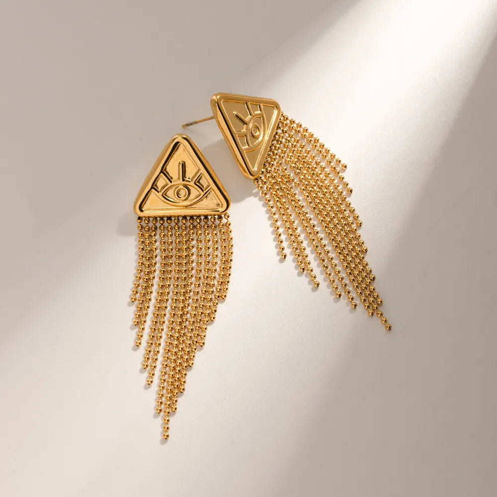 Triangular relief devil's eye design with tassel titanium steel earrings - V.I.P Digital Presence