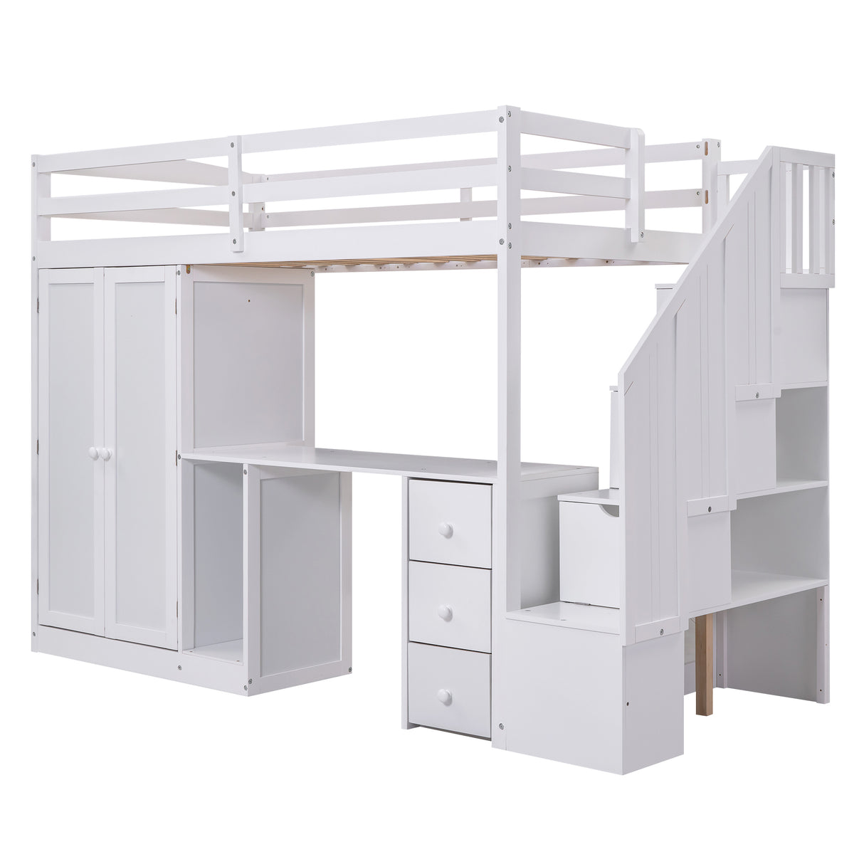 Twin Size Loft Bed with Wardrobe and Staircase, Desk and Storage Drawers and Cabinet in 1 White