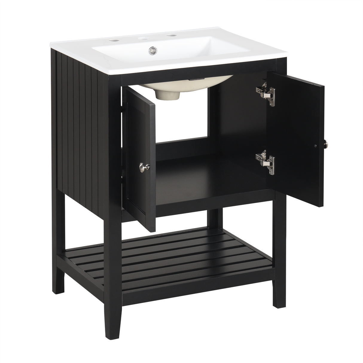 24" Black Modern Sleek Bathroom Vanity Elegant Ceramic Sink with Solid Wood Frame Open Style Shelf - V.I.P Digital Presence