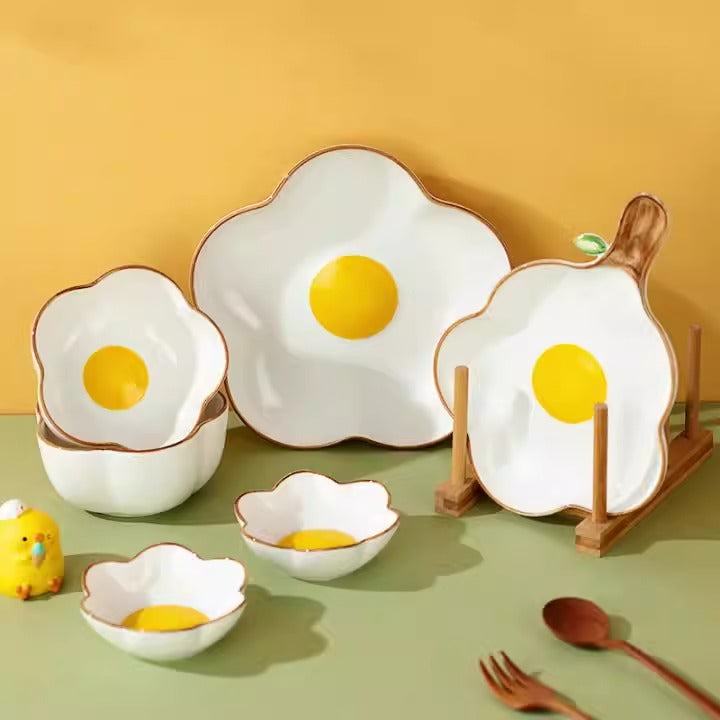 Creative Sun Egg Ceramic Bowl and Dish Set Cute Rice Bowl, Plate, Handle, Plate, Tableware, Home Breakfast Soup Plate - V.I.P Digital Presence