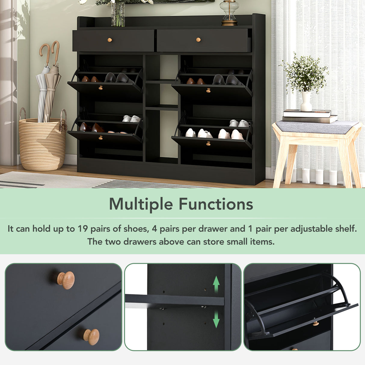 ONTREND modern shoe cabinet with 4 flipped drawers, multifunctional double-layer shoe storage with drawers, black. - V.I.P Digital Presence