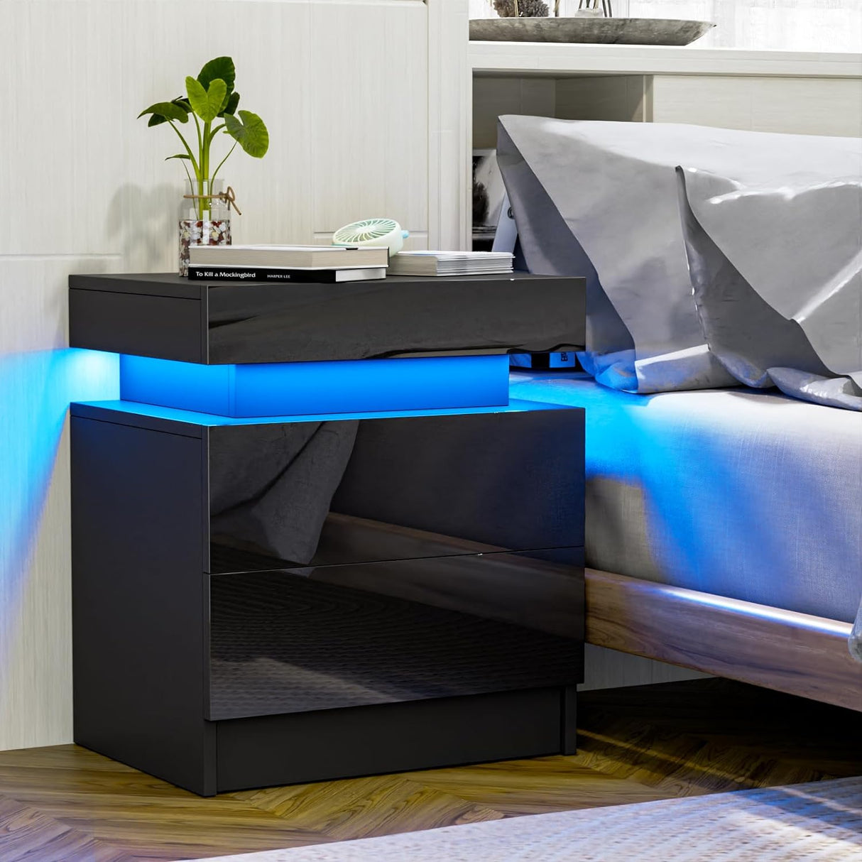 Modern Black LED Nightstand with Led Lights Bedside table with 2 High Gloss Drawers for Bedroom - V.I.P Digital Presence