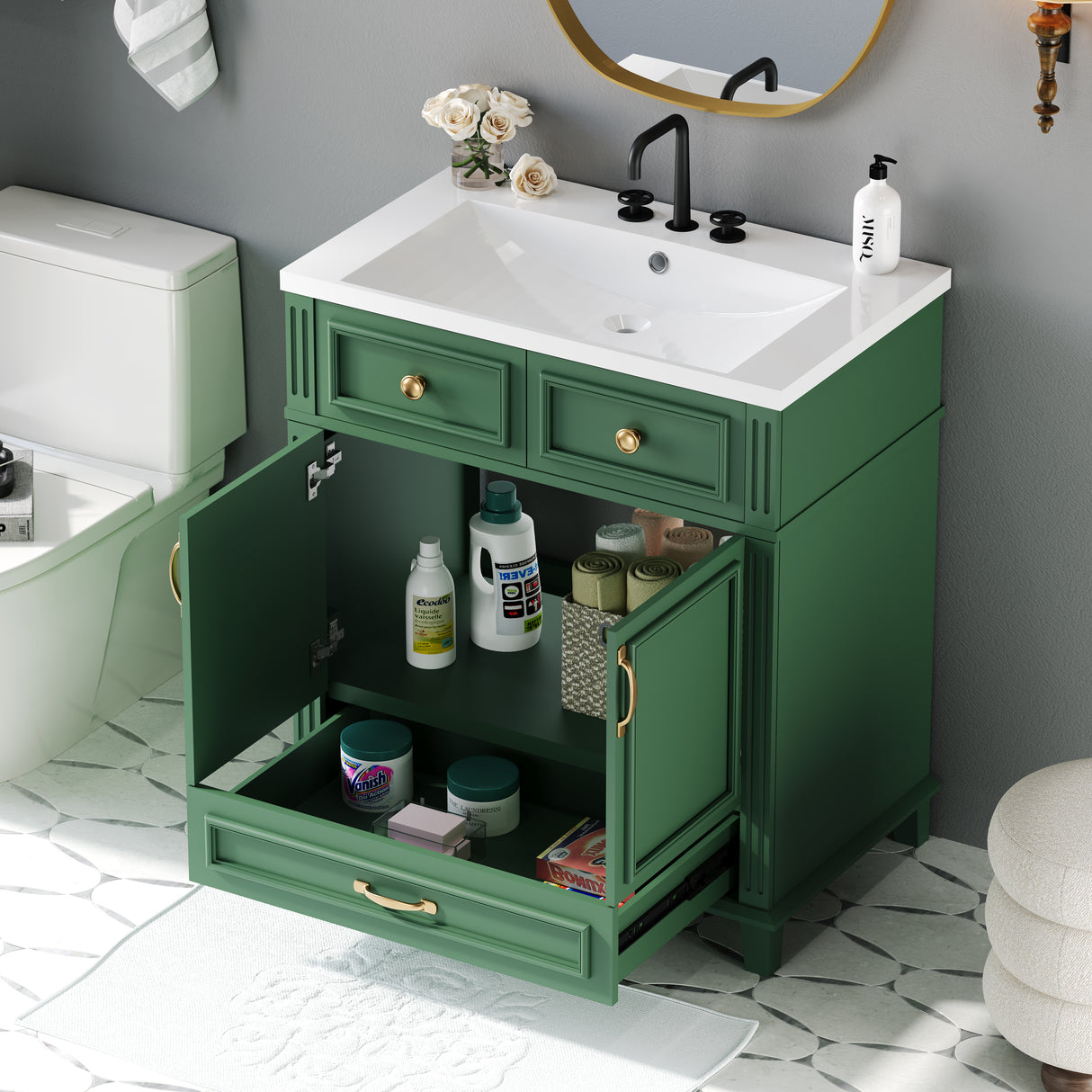 30 inch uncovered bathroom vanity with soft closed door, limited to solid wood frame bathroom storage cabinet green - V.I.P Digital Presence