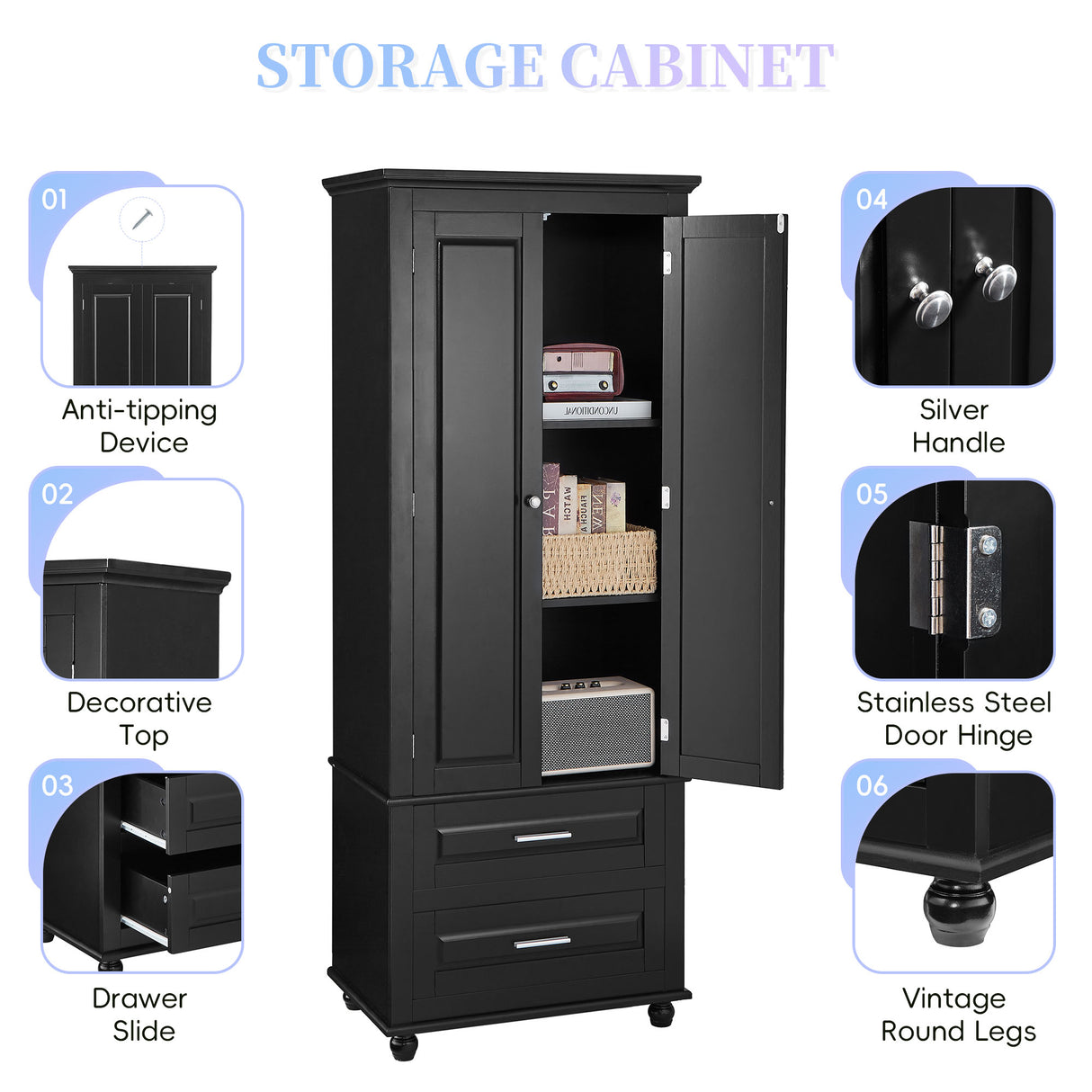 Tall Storage Cabinet with Two Drawers for Bathroom/Office, Black - V.I.P Digital Presence