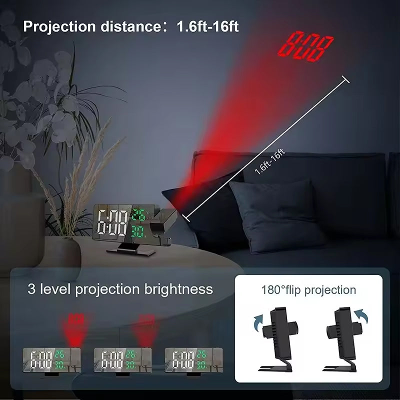 Home LED Projection Alarm Clock - Time, Temp Display, Backlight, Snooze - V.I.P Digital Presence