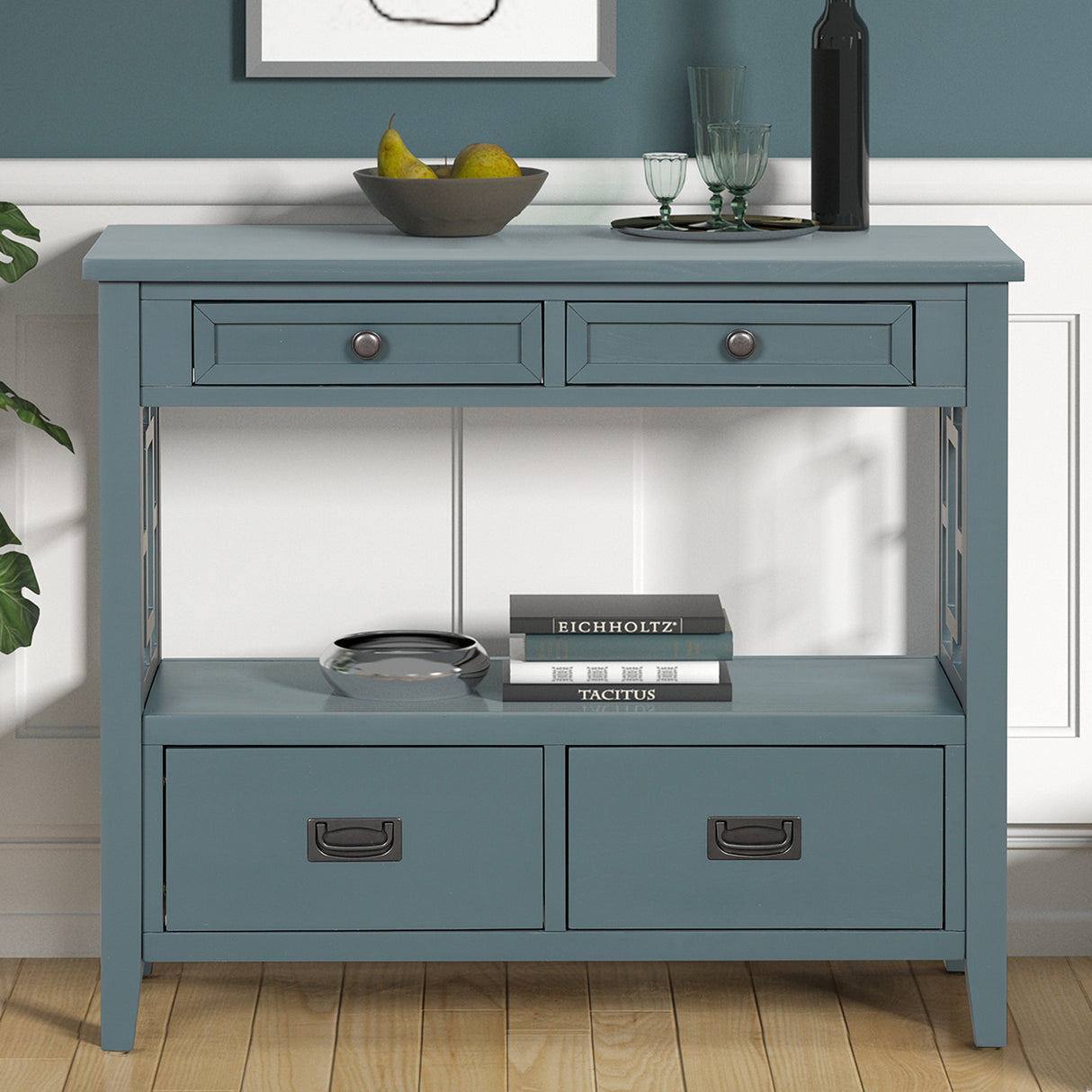 36'' Farmhouse Pine Wood Console Table Entry Sofa Table with 4 Drawers & 1 Storage Shelf ( Blue) - V.I.P Digital Presence