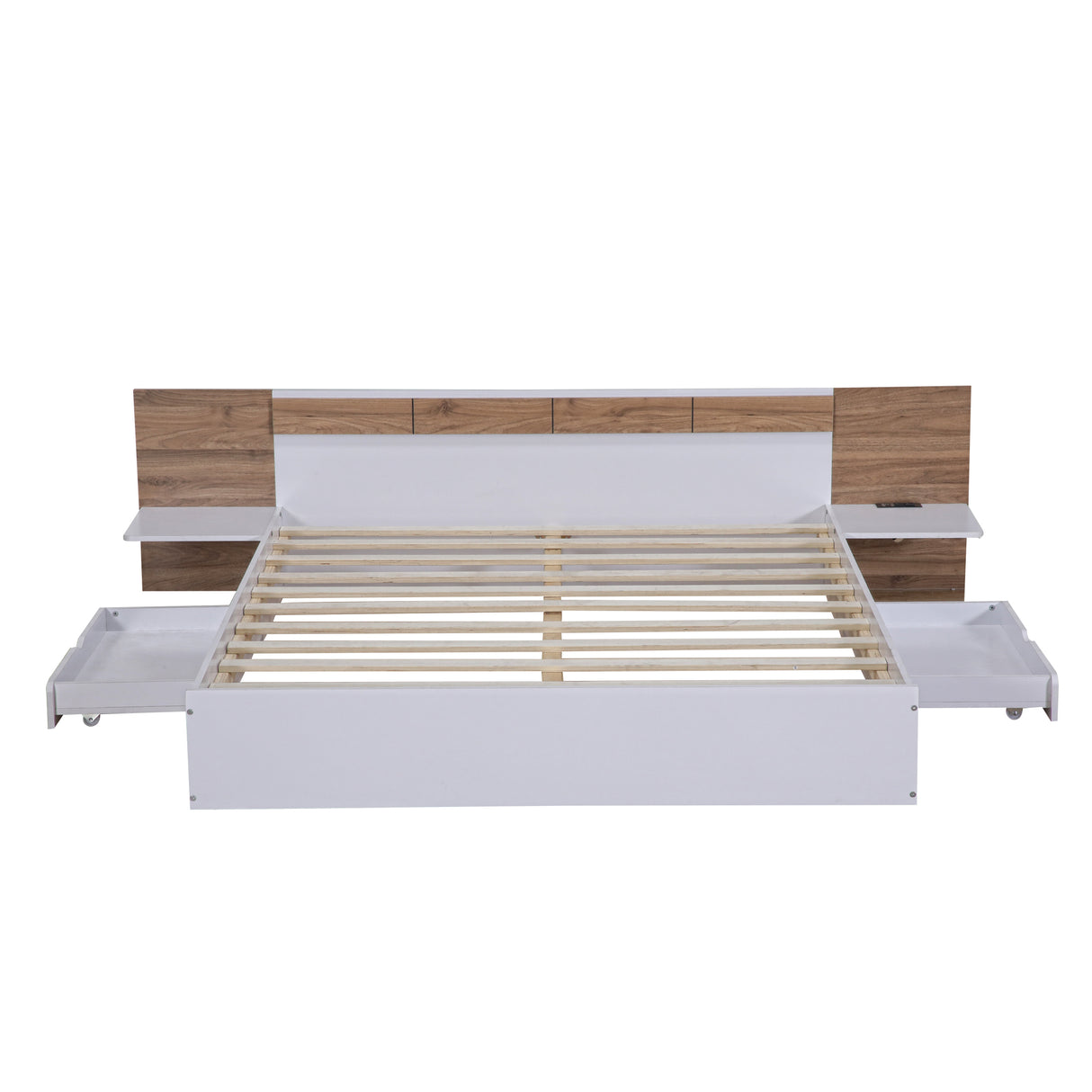 Queen Size Platform Bed with Headboard, Drawers, Shelves, USB Ports and Sockets White
