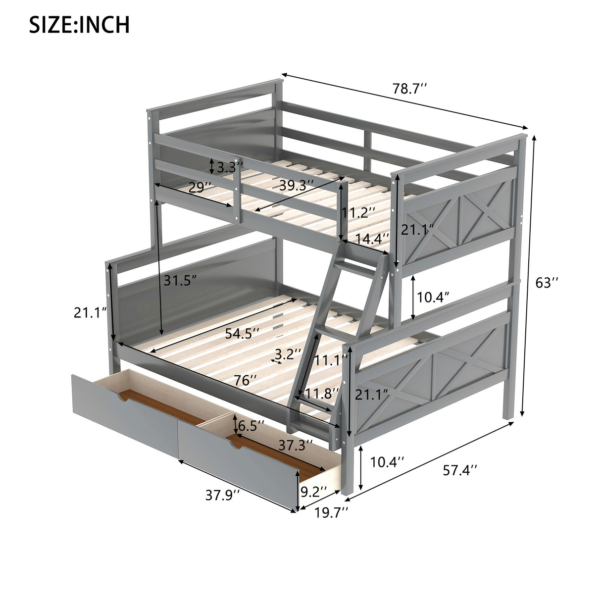 Twin over Full Bunk Bed with Ladder Two Storage Drawers Safety Guardrail Gray