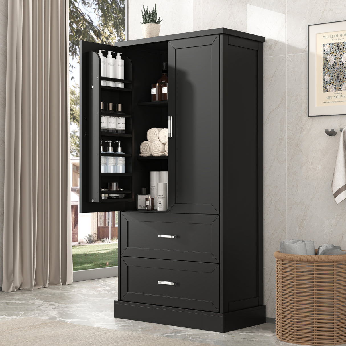 Tall Bathroom Storage Cabinet, Cabinet with Two Doors and Drawers, Adjustable Shelf, MDF Board, Black - V.I.P Digital Presence