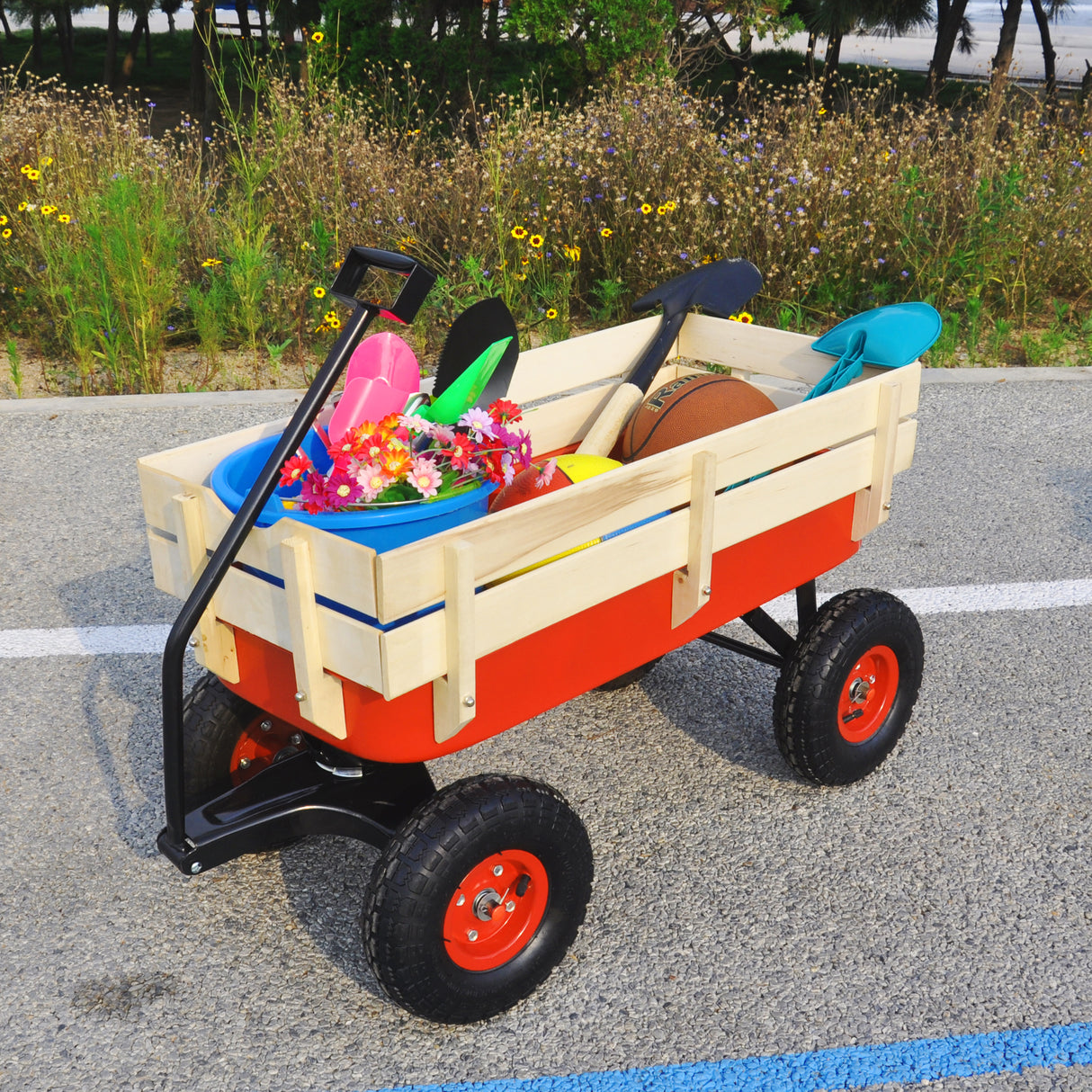 Outdoor Wagon All Terrain Pulling w/Wood Railing Air Tires Children Kid Garden(Red)