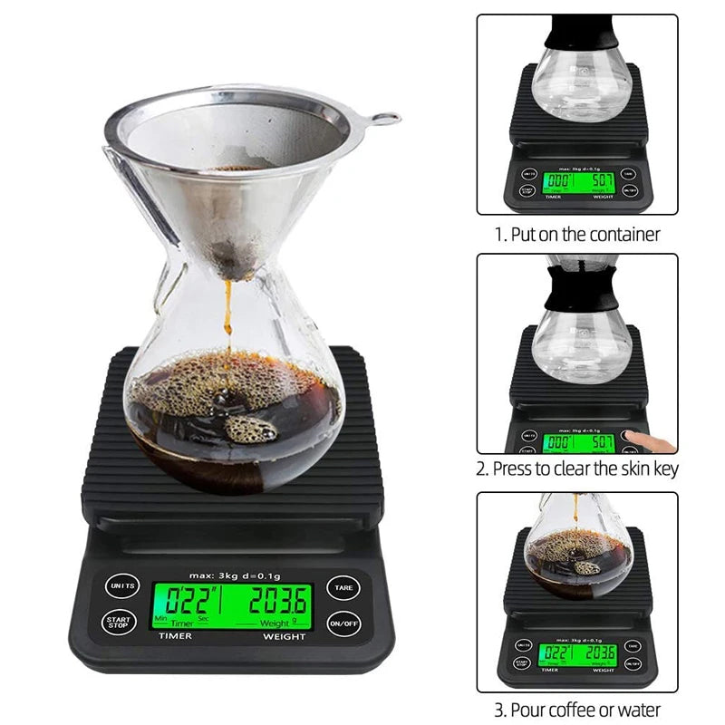Digital kitchen coffee scale with timer, high - precision LCD, 5kg/0.1g - V.I.P Digital Presence