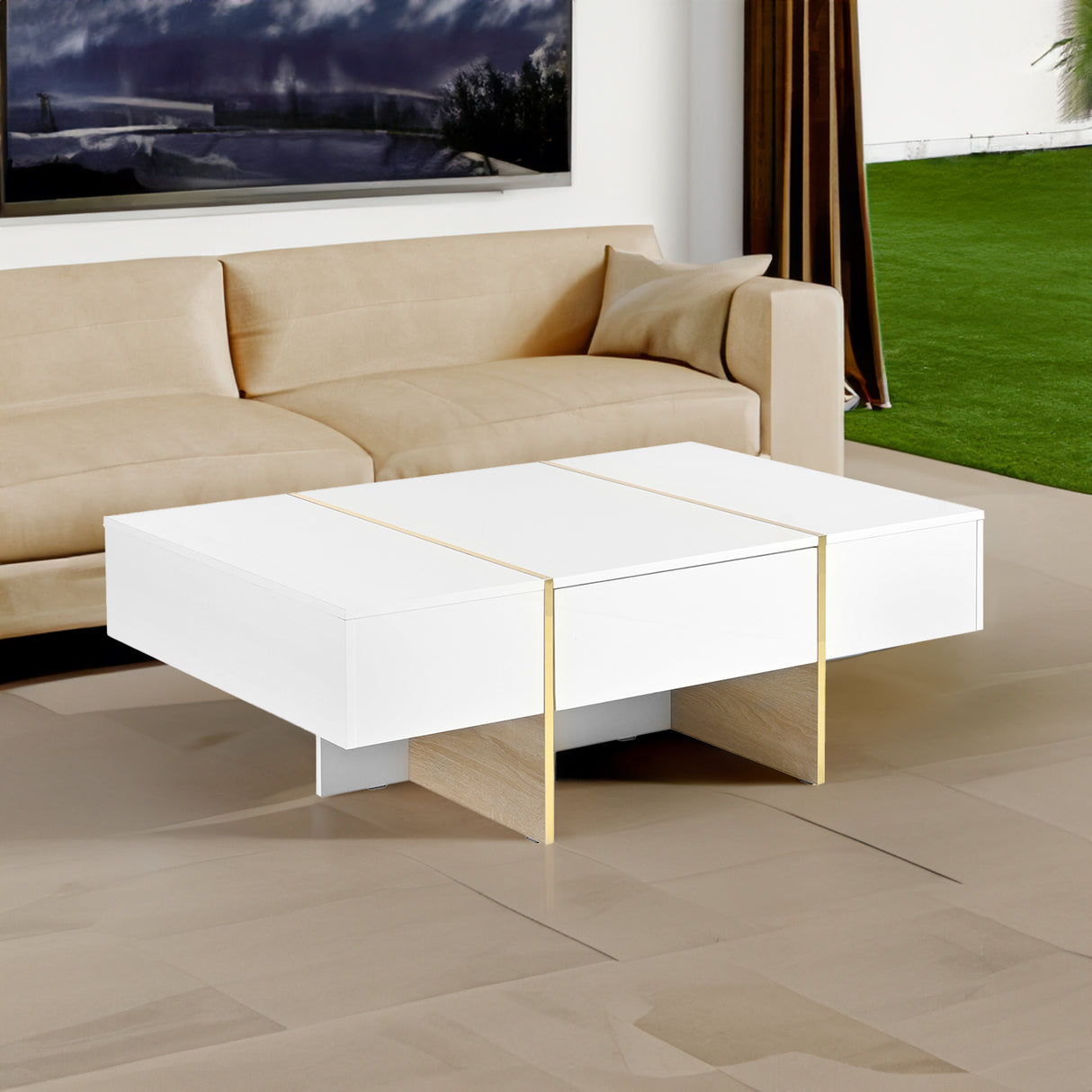 ON-TRANS 47.2 inch x 31.4 inch multifunctional rectangular sofa table with 2 drawers and gold wood grain leg center table, white - V.I.P Digital Presence