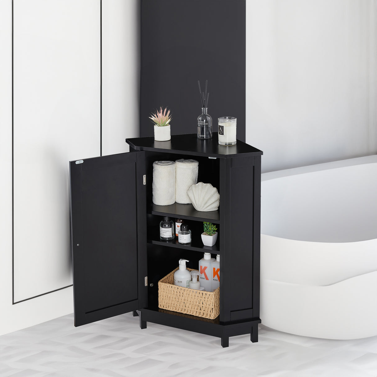 Black Bathroom Cabinet Triangle Corner Storage Cabinet with Adjustable Shelf Modern Style MDF Board - V.I.P Digital Presence