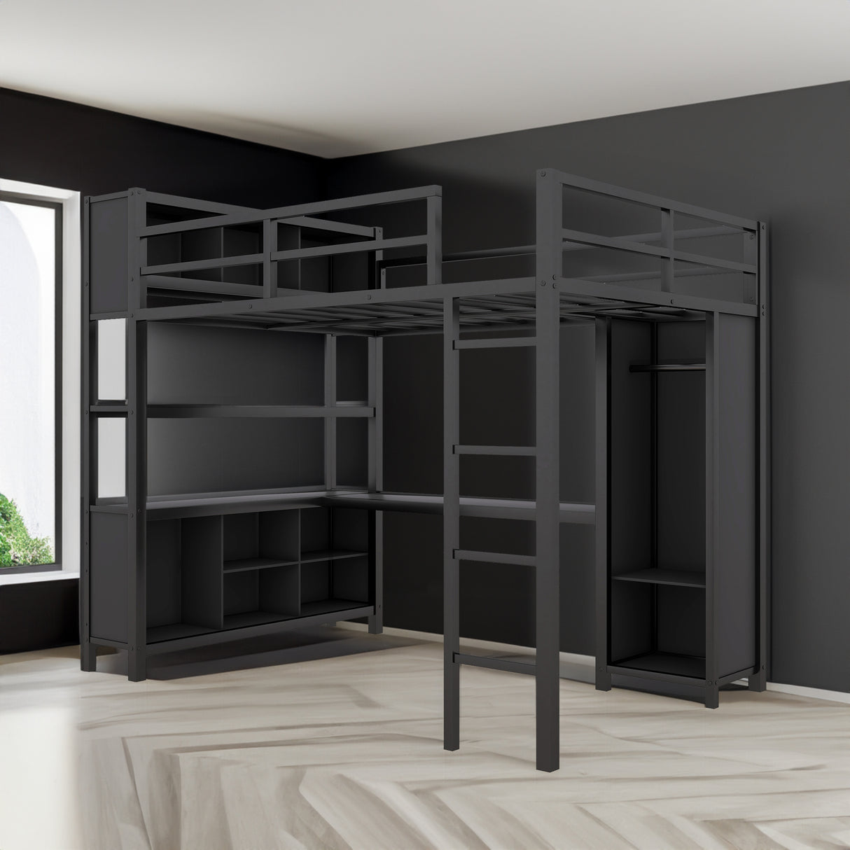 Metal loft bed with wardrobe and L-shaped desk, full-size loft bed with storage cabinet and shelf, heavy-duty loft bed, black - V.I.P Digital Presence