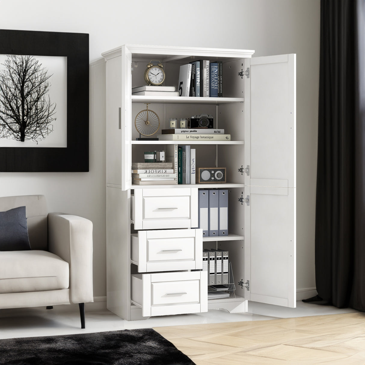 Tall and Wide Storage Cabinet with Doors for Bathroom/Office, Three Drawers, White - V.I.P Digital Presence