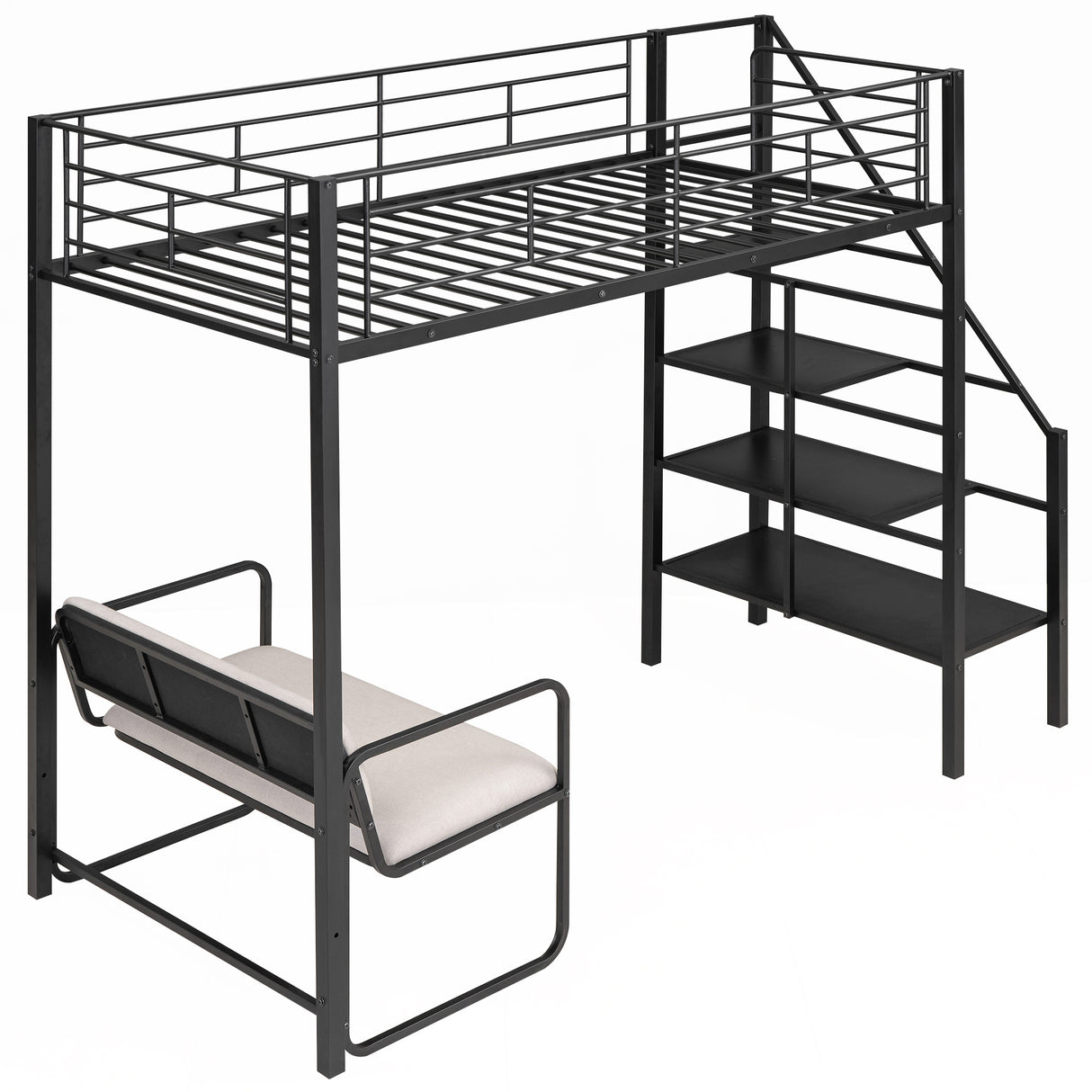 Twin Size Metal Loft Bed with Bench and Storage Staircase Black