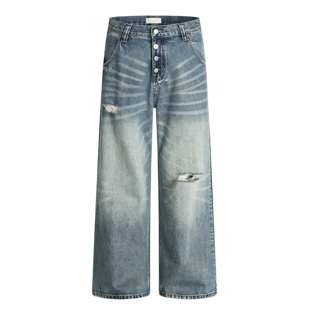 Hole-Washed Denim Long Pants Men's Loose Faded Whitewashed Wide-Leg Straight Trousers European and American Street Fashion Versatile Dad Pants - V.I.P Digital Presence