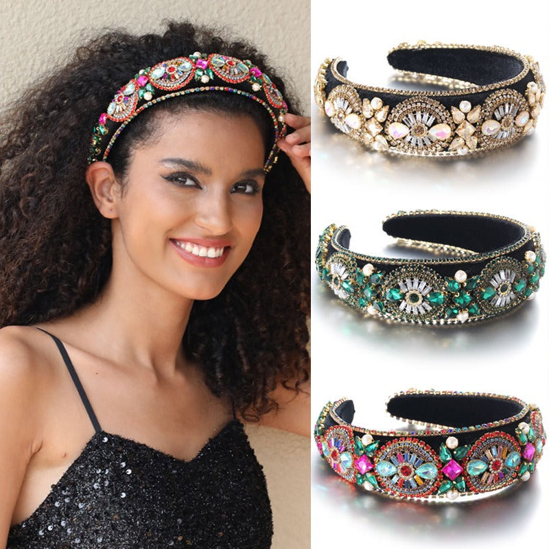 Super Sparkling Diamond Pearl Hair Hoop Baroque Retro Women's Sponge Head Hoop - V.I.P Digital Presence