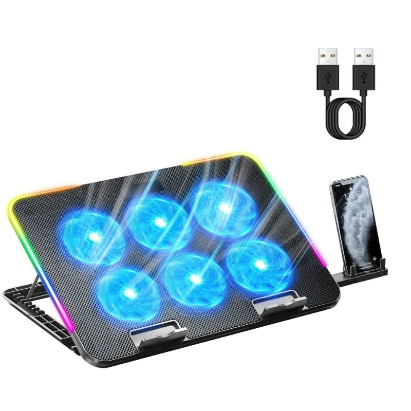 New Laptop Cooler Laptop Cooling Pad Notebook Gaming Cooler Stand with 6 LED Fan 2 USB Ports Phone Holder for 15.6in Laptop - V.I.P Digital Presence