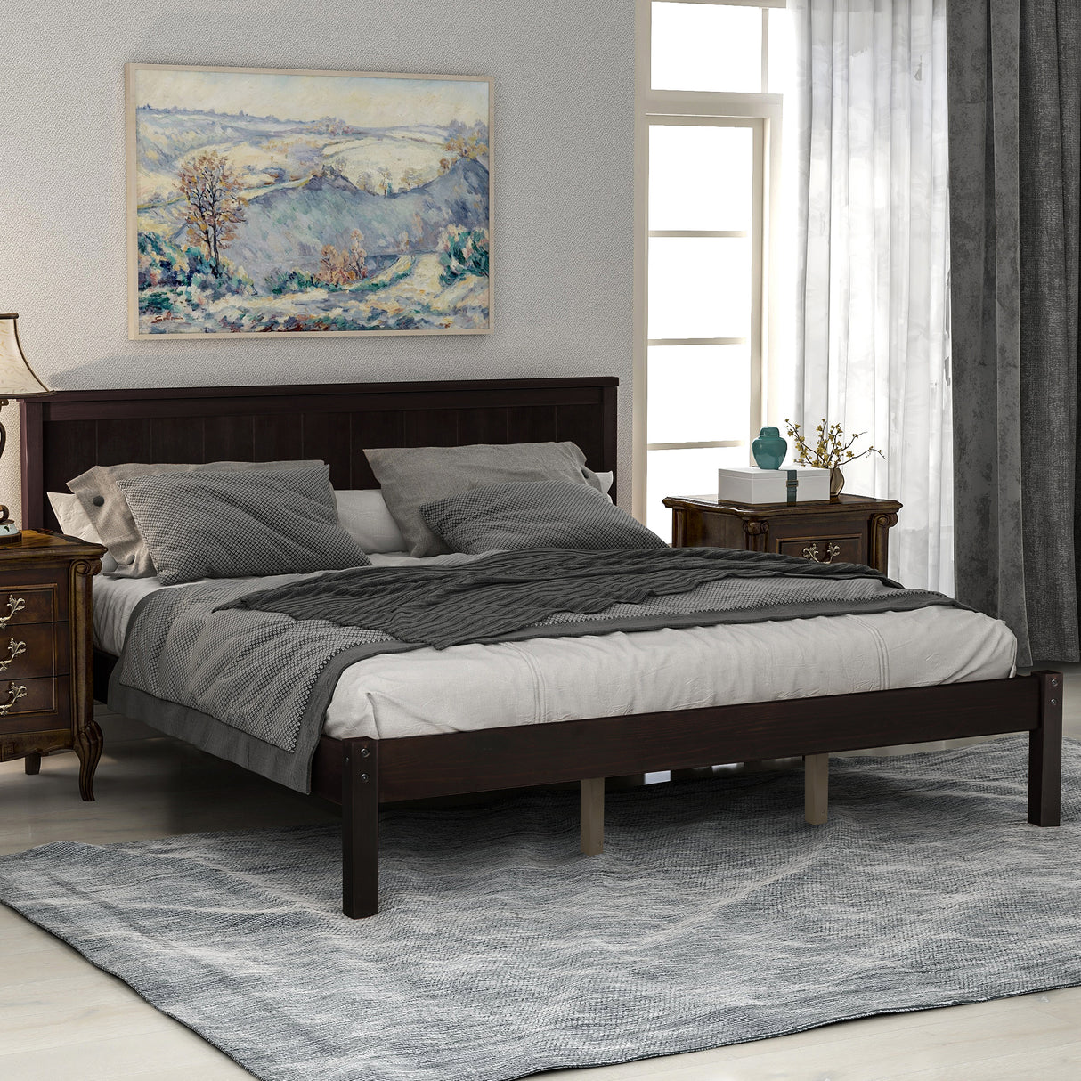 Platform Bed Frame with Headboard, Wood Slat Support No Box Spring Needed Queen Espresso