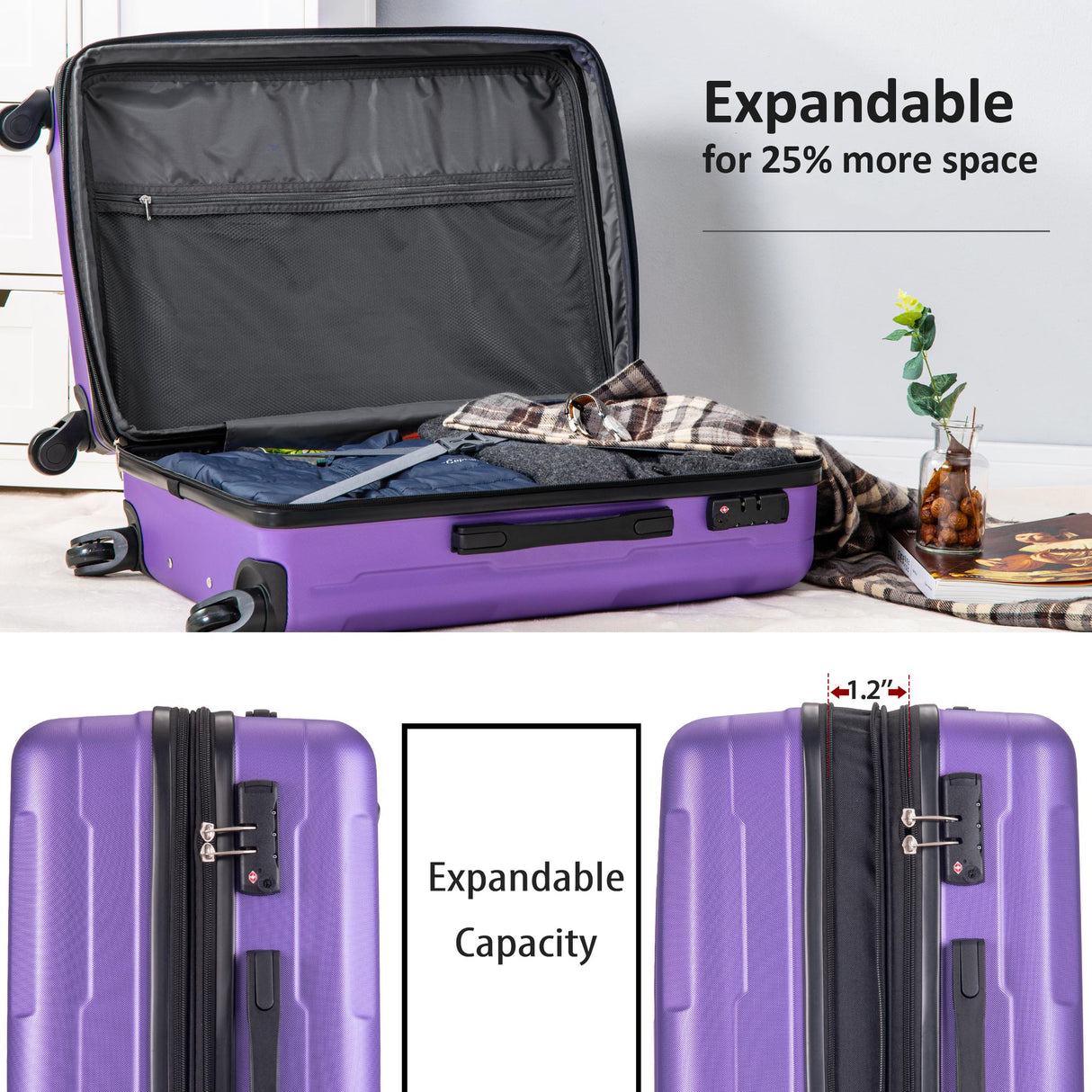 Expanable Spinner Wheel 2 Piece Luggage Set ABS Lightweight Suitcase with TSA Lock 20inch+28inch Purple + Plastic