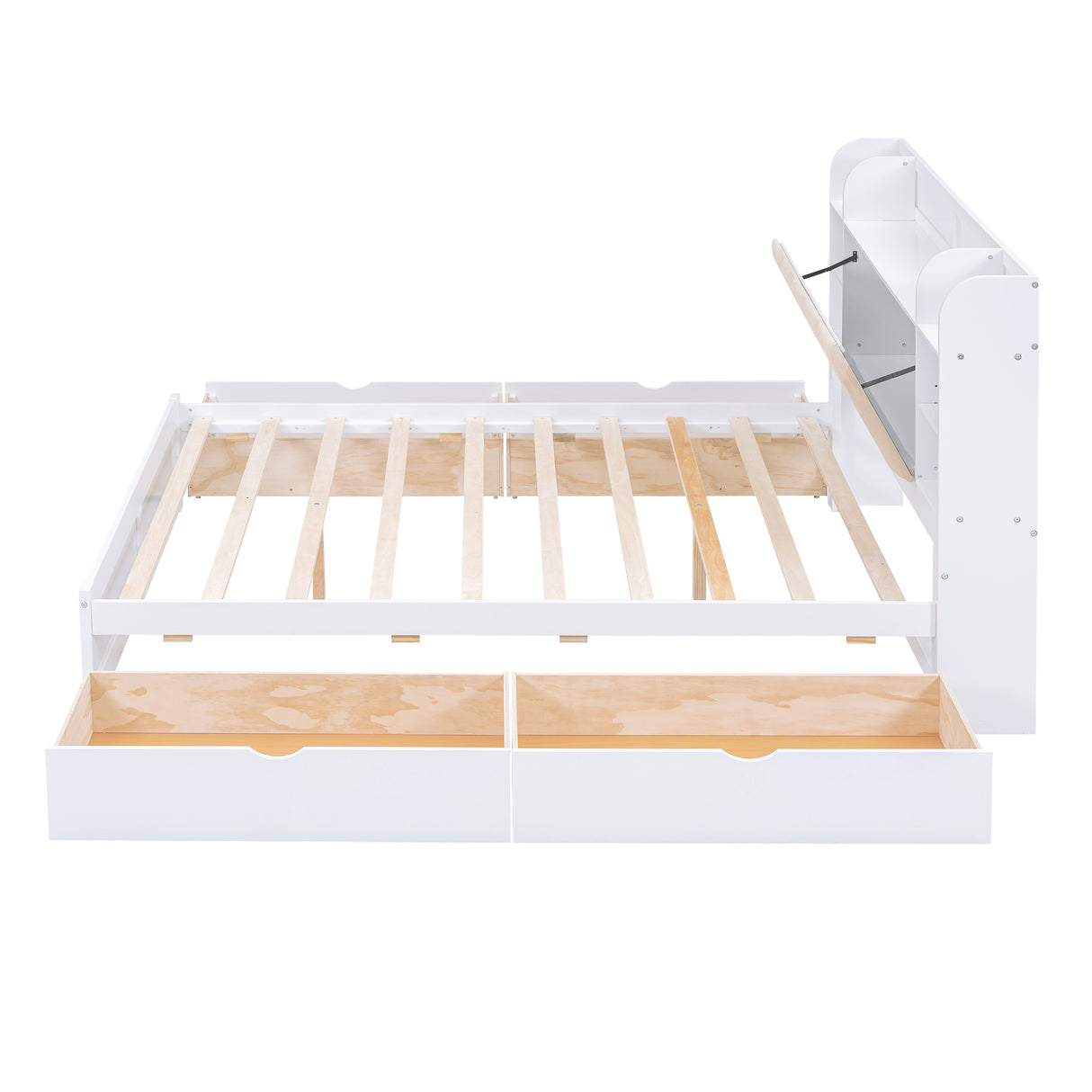 Wood Queen Size Platform Bed with Storage Headboard Shelves and 4 Drawers White
