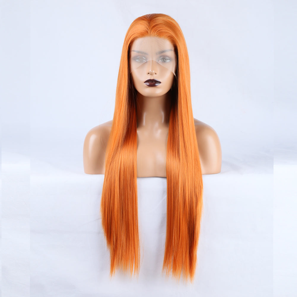 Long Straight Hair 13*2.5 Orange Chemical Fiber Front Lace Wig Head Cover Natural Hairline - V.I.P Digital Presence