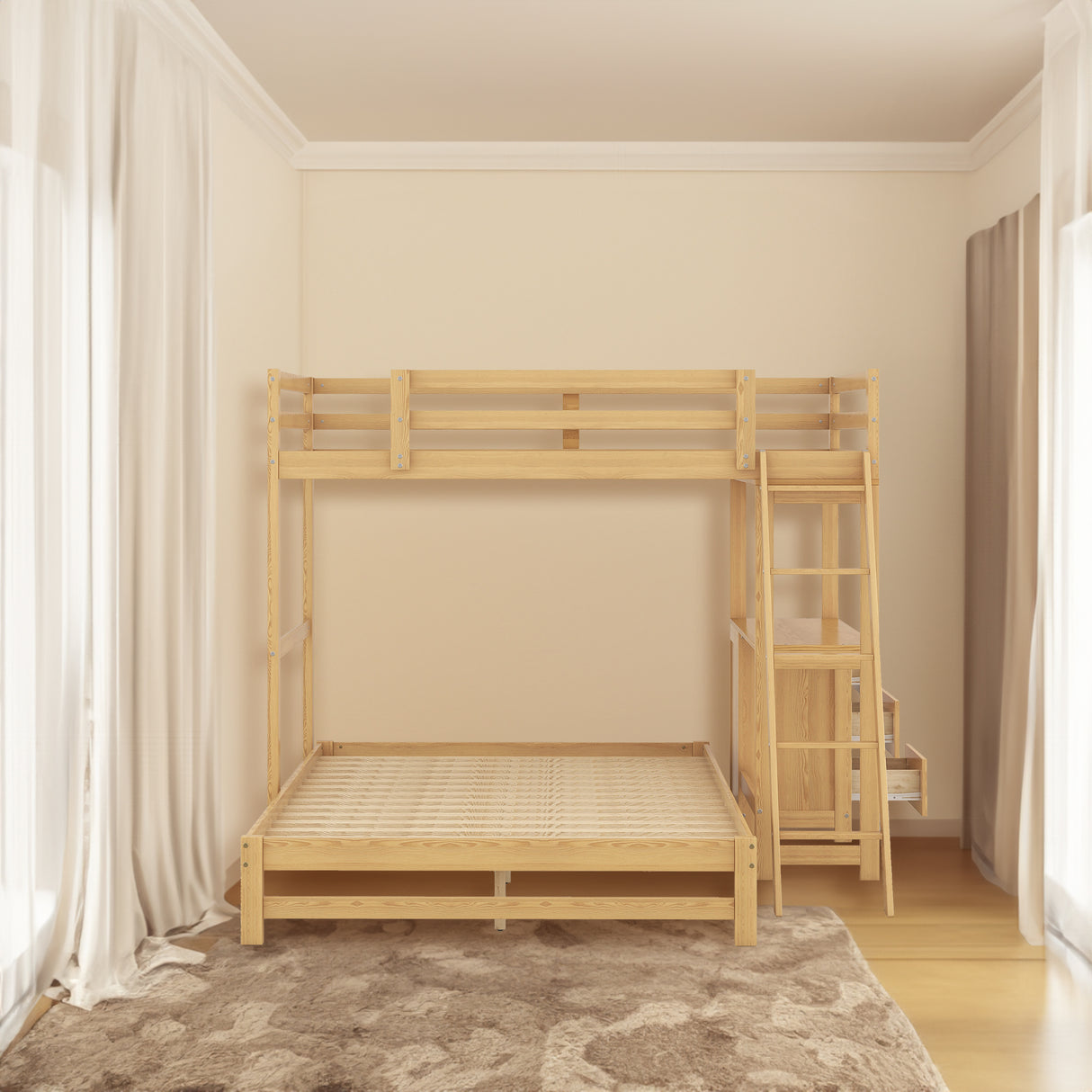 Twin over Full Bunk Bed with Built-in Desk and Three Drawers Natural