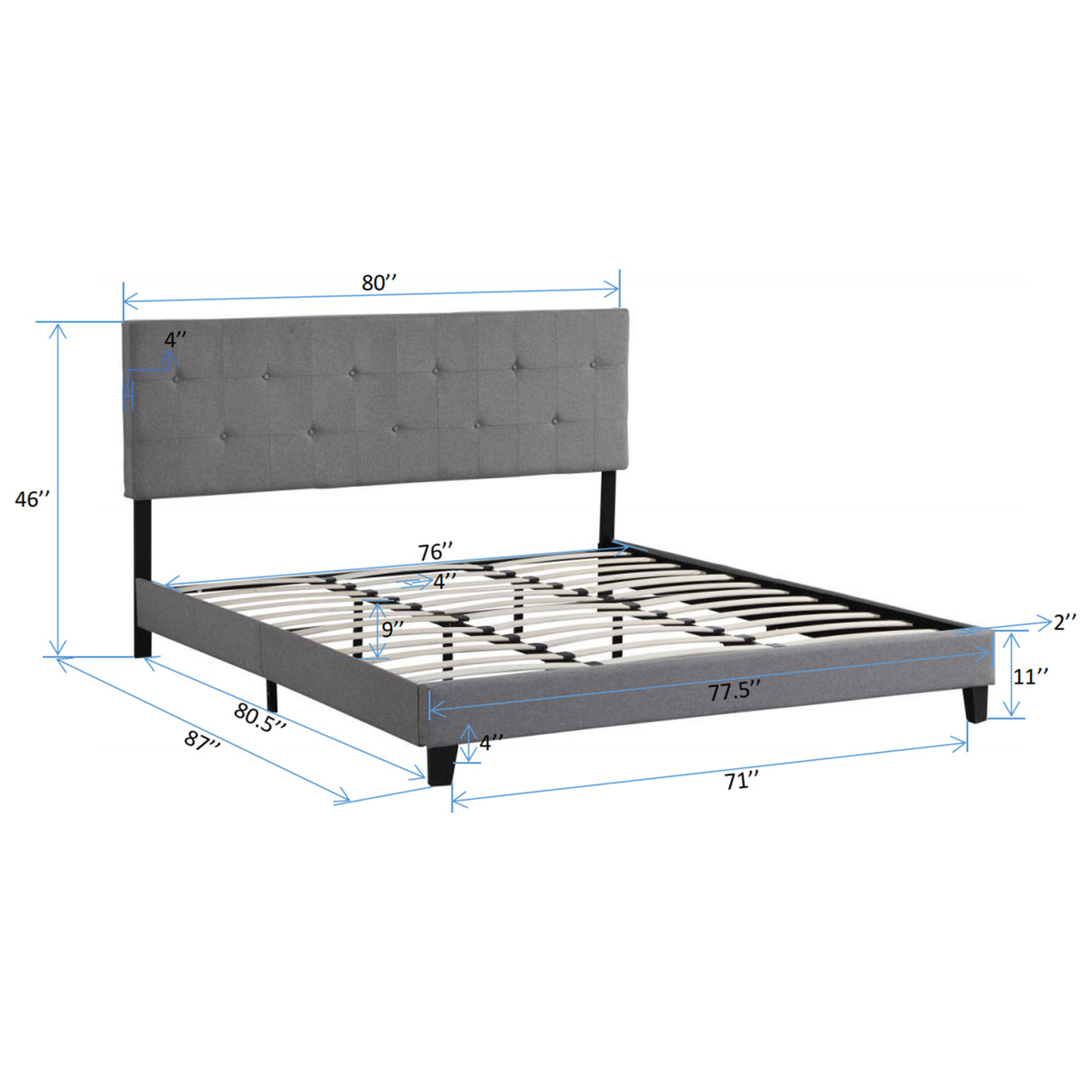 King Size Upholstered Platform Bed Frame with Button Tufted Linen Fabric Headboard Gray - V.I.P Digital Presence