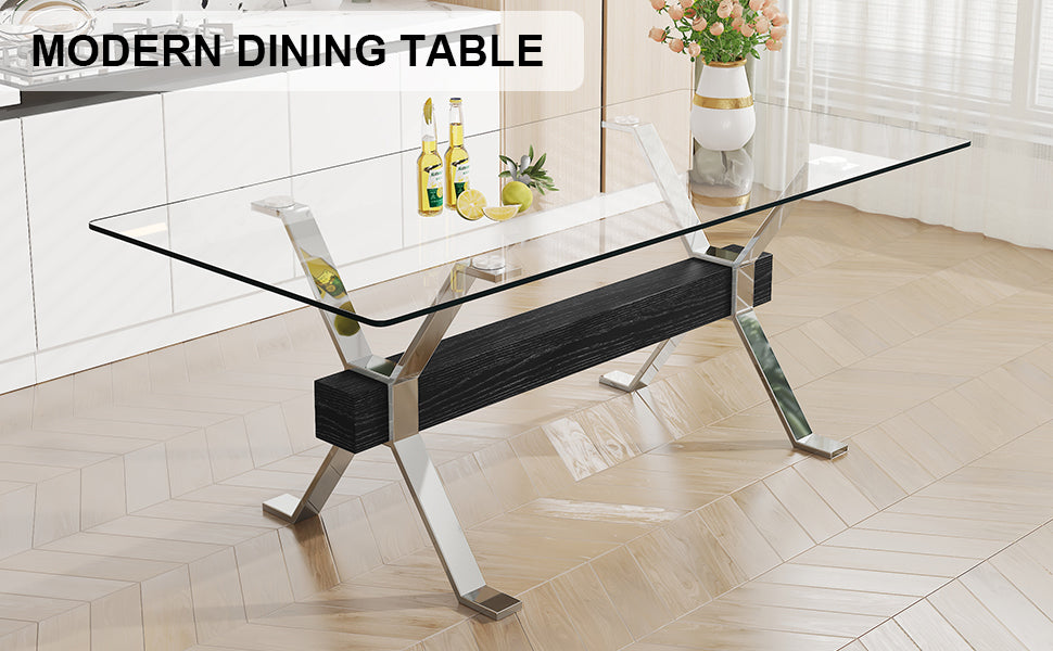 Dining table Modern tempered glass dining table Large modern office desk with silver plated metal legs and MDF crossbars - V.I.P Digital Presence