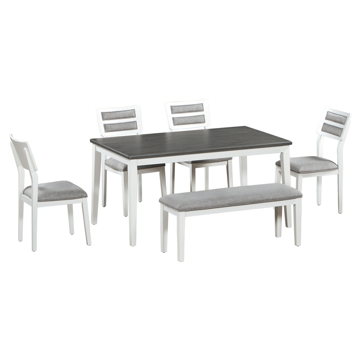 TREXM Classic and Traditional Style 6 - Piece Dining Set, Includes Dining Table 4 Upholstered Chairs & Bench (White+Gray)