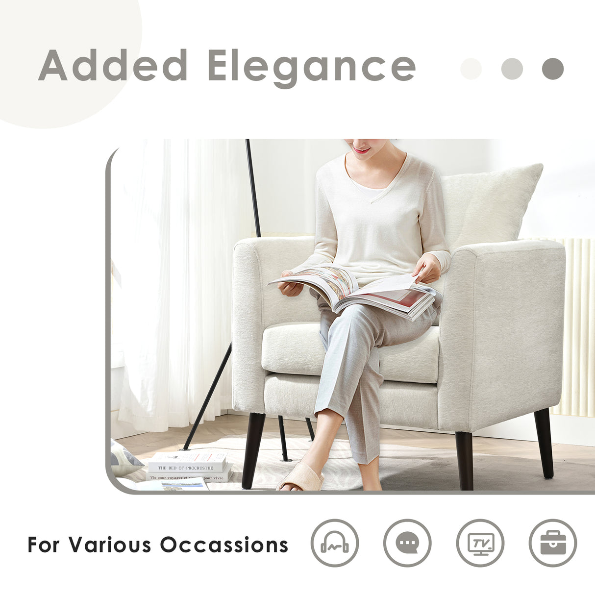 Bucket chair, Schneier accent chair, fabric armchair club chair, solid wood leg cushion armchair, lumbar pillow, beige - V.I.P Digital Presence