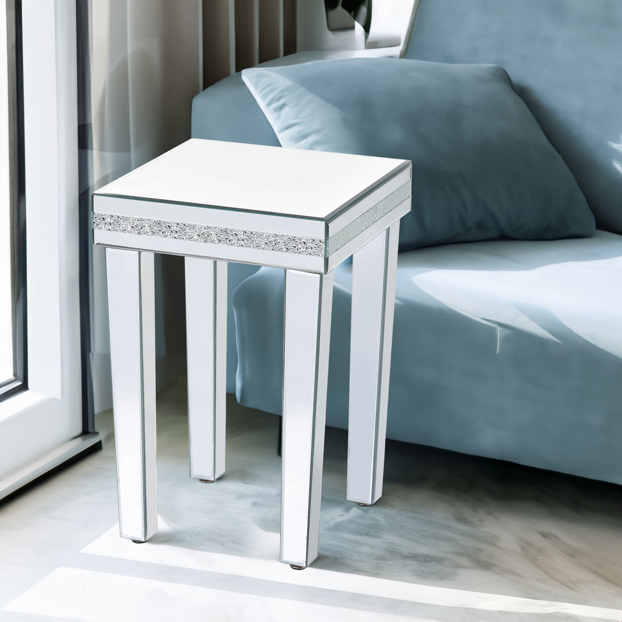 ON-TRANS glass mirror edge table, easy to assemble crystal design and adjustable height leg edge table, silver - V.I.P Digital Presence