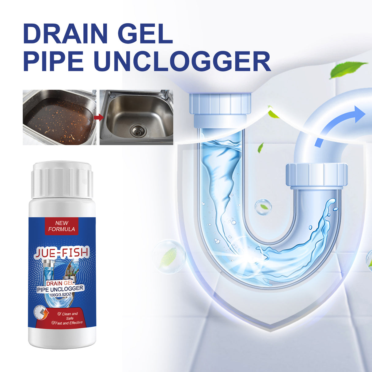 JUE-FISH Drain Gel Pipe Unclogger, Kitchen Bathroom Sewer Odor Cleaning Dissolves Dredging To Prevent Clogging - V.I.P Digital Presence