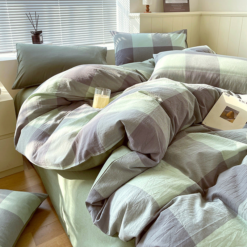 Cotton Dyed Washed Cotton Bedding Set Pure Cotton A Class Flat Sheet Quilt Cover Fitted Sheet Quilt Cover Three-Piece Set Striped