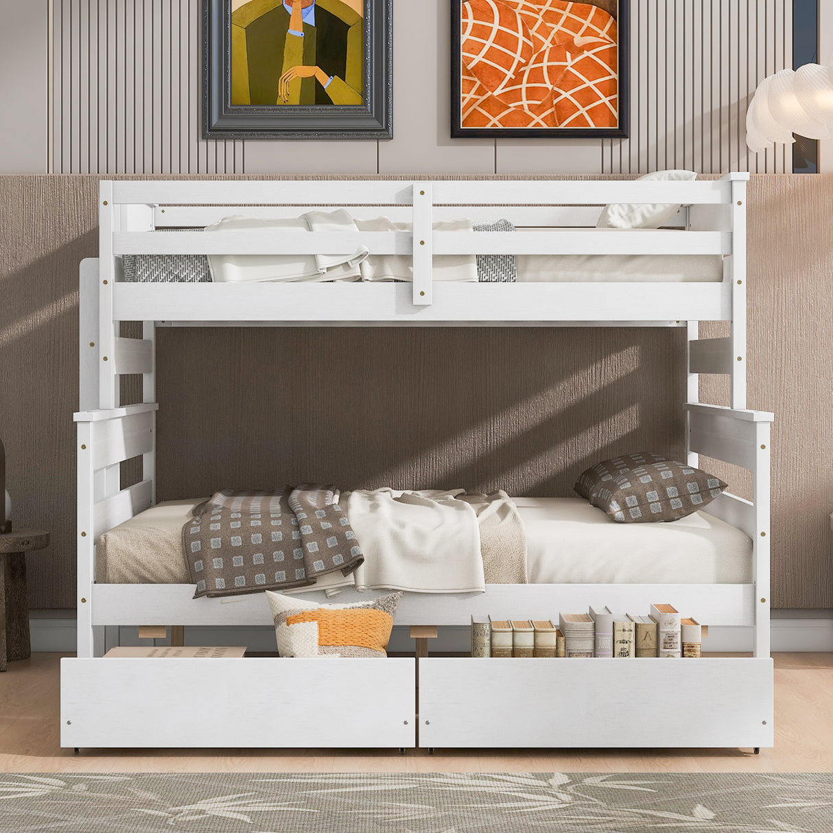 Wood Twin over Full Bunk Bed with 2 Drawers White