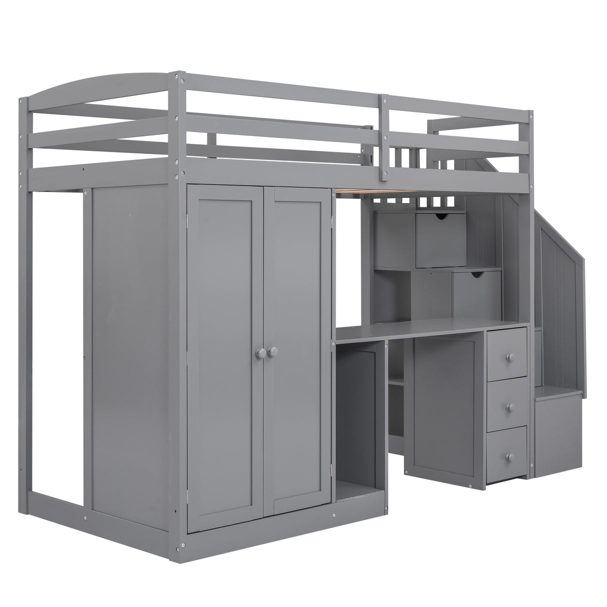 Twin Size Loft Bed with Wardrobe and Staircase Desk and Storage Drawers and Cabinet in 1 Gray