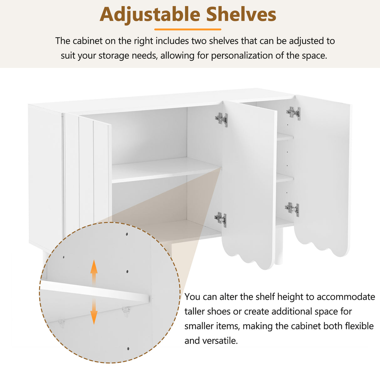 ON-TRANS Cream Style Shoe Cabinet with 5 Adjustable Solid Wood Legs, Large Storage Cabinet with Wave Doors, White - V.I.P Digital Presence