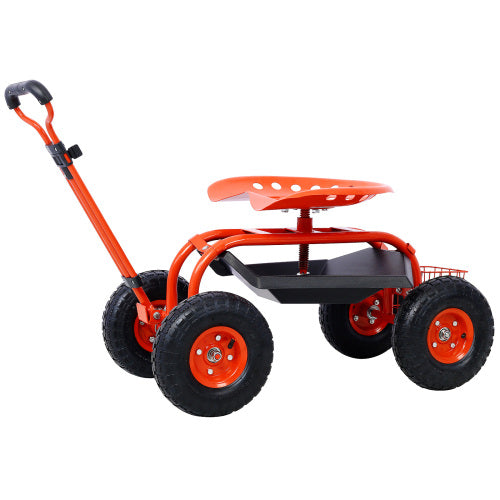 Garden cart rolling scooter, adjustable height with 4 wheels and extendable handle with 360 degree seat and tool tray (red) - V.I.P Digital Presence