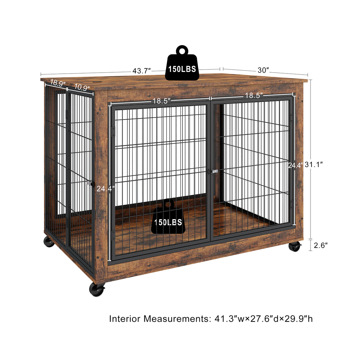 Furniture Style Dog Crate Side Table on Wheels with Double Doors and Lift Top. Rustic Brown, 43.7'' W x 30'' D x 31.1'' H. - V.I.P Digital Presence